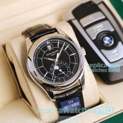 Swiss Replica Patek Philippe Complications Watch SS Black Dial 5205g-001